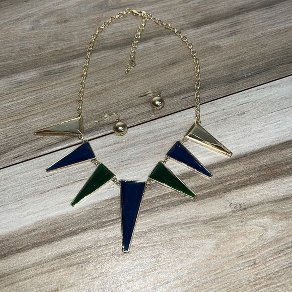 Modern necklace and earring set woman’s gold navy and green rocker futuristic - Picture 1 of 6